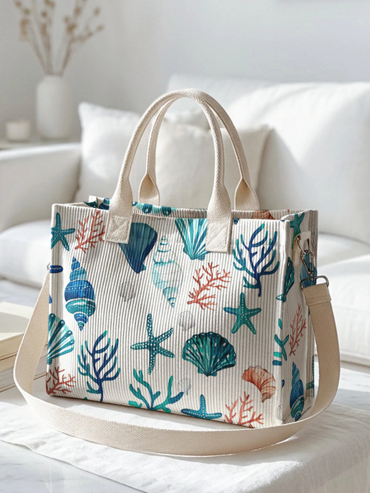 Sac fourre-tout en velours côtelé imprimé de la vie marine de l'océan Aquarelle Grande capacité Multi Poche Amoureux de la Plage Commutateur Sac à bandoulière