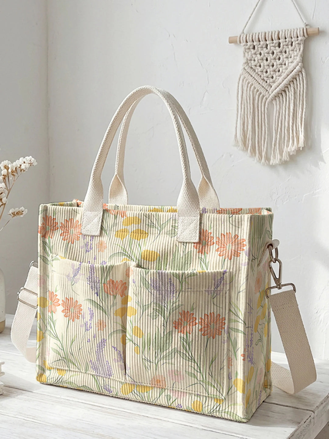 Sac fourre-tout en velours côtelé imprimé de marguerite sauvage Lavande Grande capacité Sac à bandoulière de commutateur avec plusieurs poches