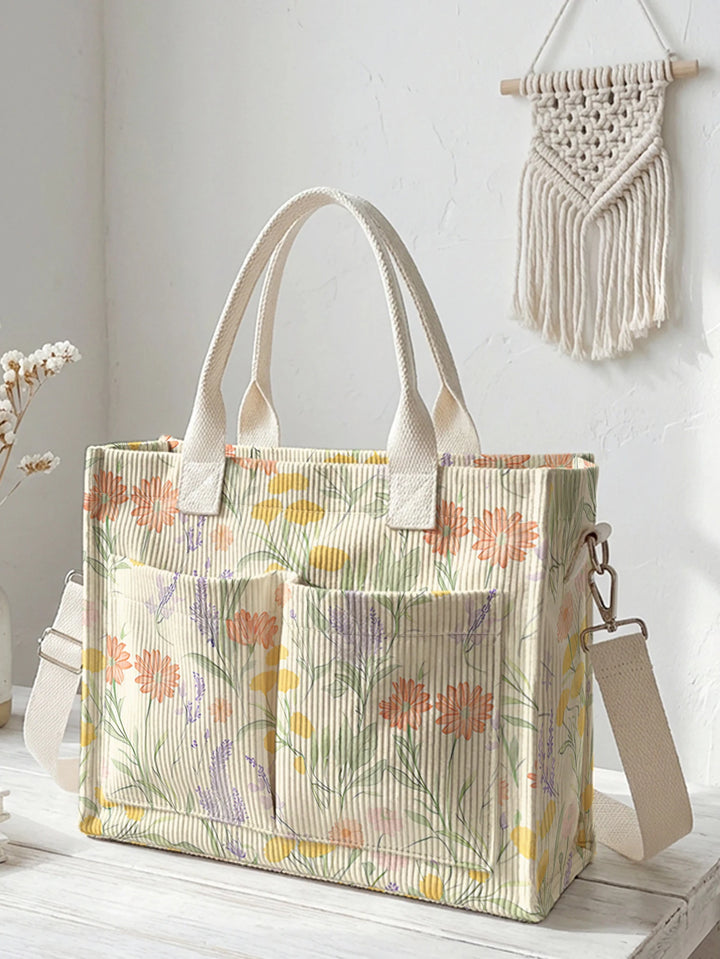 Sac fourre-tout en velours côtelé imprimé de marguerite sauvage Lavande Grande capacité Sac à bandoulière de commutateur avec plusieurs poches