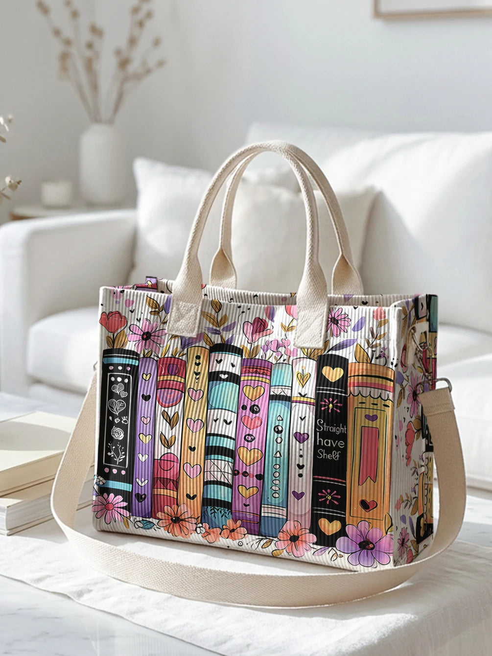Sac à bandoulière en velours côtelé avec impression de livres et de fleurs, grande capacité, sac à main avec plusieurs poches