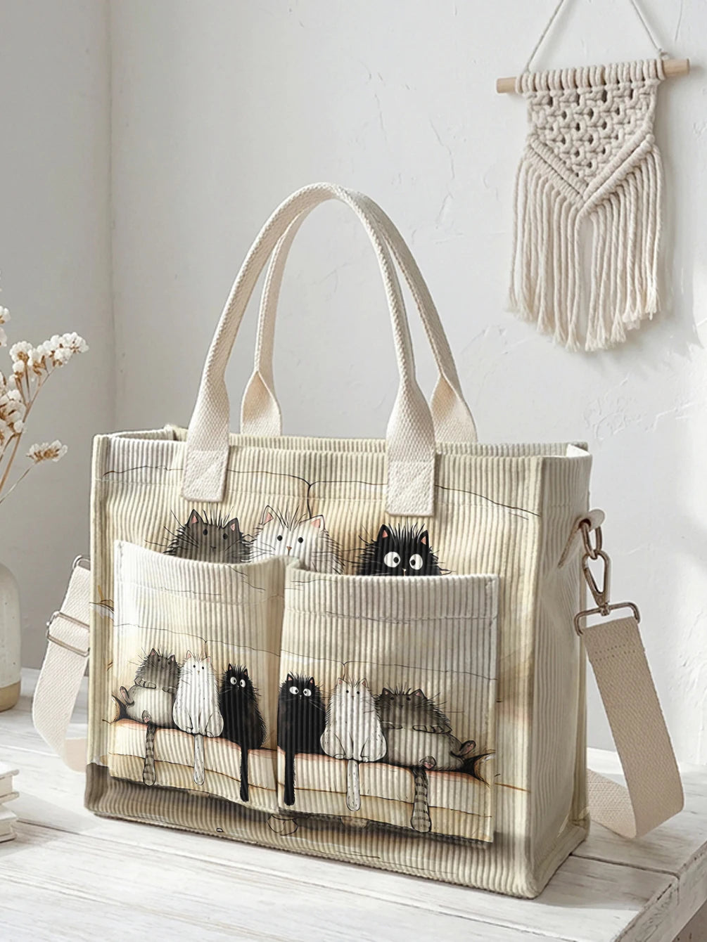 Sac à main en velours côtelé beige avec imprimé de chats, grande capacité et plusieurs poches pour les trajets domicile-travail