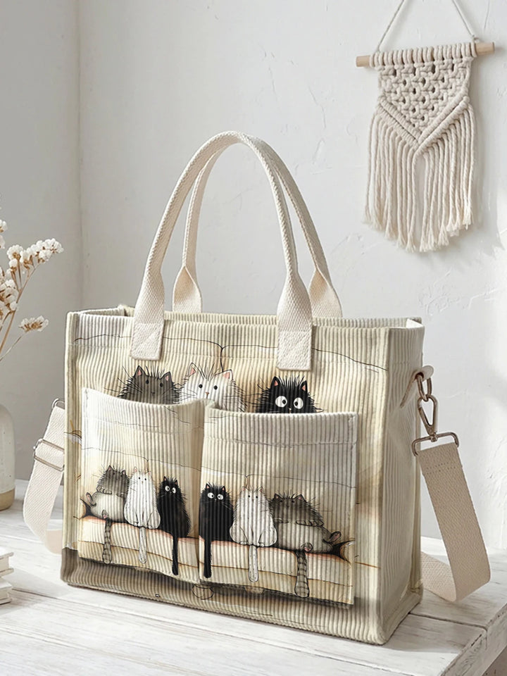 Sac à main en velours côtelé beige avec imprimé de chats, grande capacité et plusieurs poches pour les trajets domicile-travail