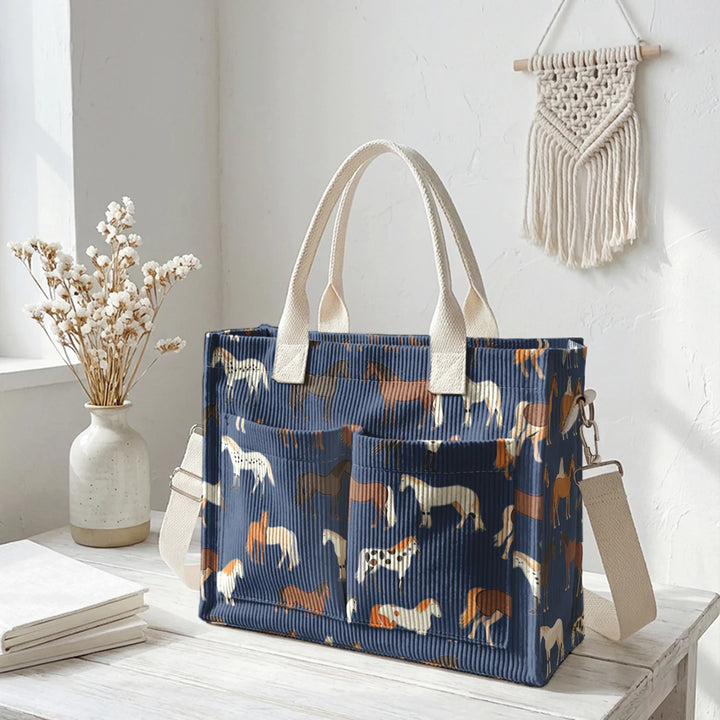 Sac en velours côtelé avec imprimé de chevaux, grande capacité, plusieurs poches, sac à bandoulière pour cavaliers et navetteurs