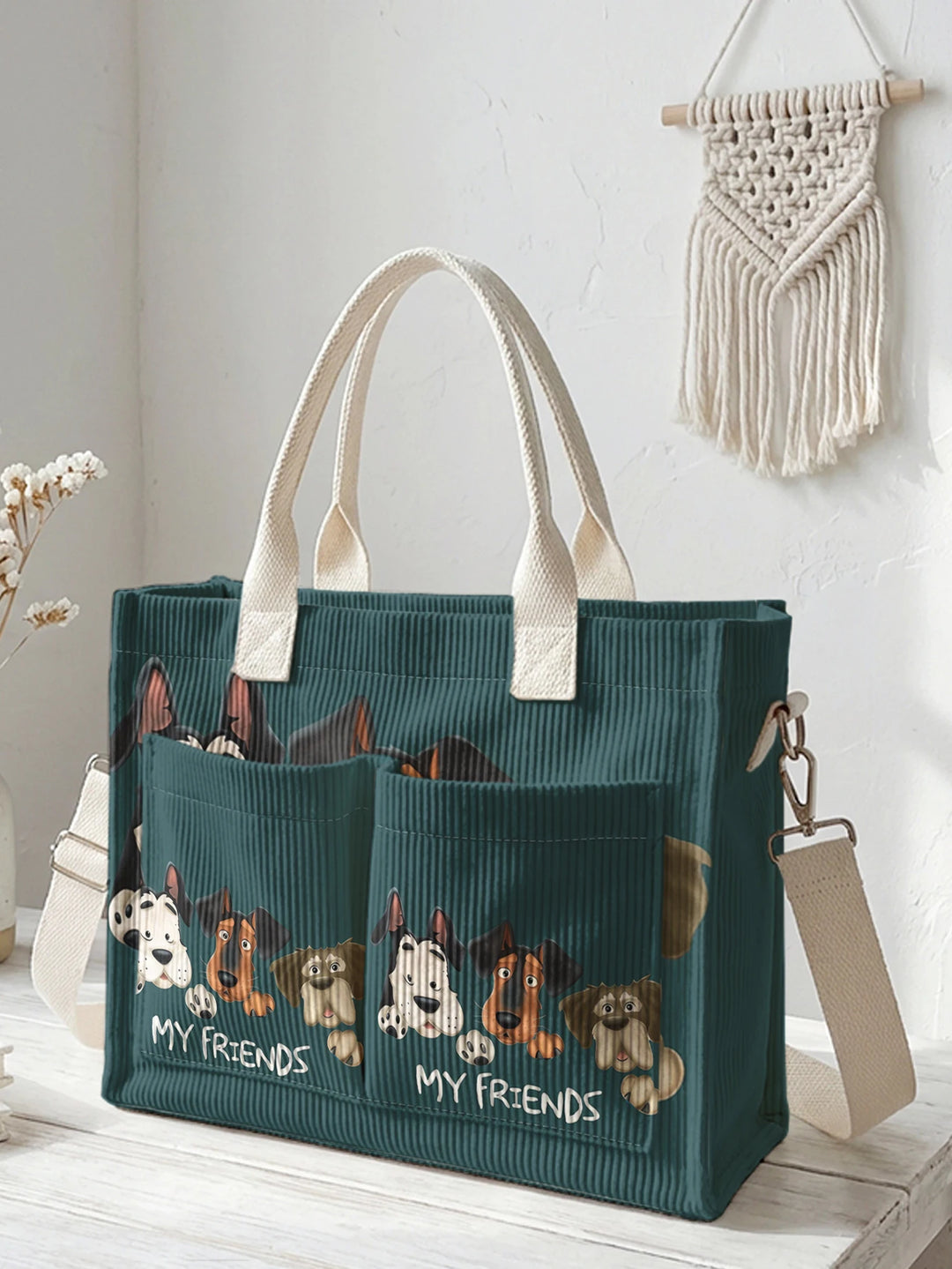 Sac fourre-tout en velours côtelé teal avec imprimé de chien cartoon Grande capacité Sac à bandoulière de transport avec plusieurs poches