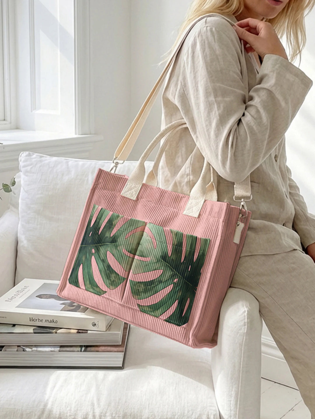 Sac à bandoulière en velours côtelé avec impression de feuille de Monstera tropicale Grande capacité sac à main avec plusieurs poches