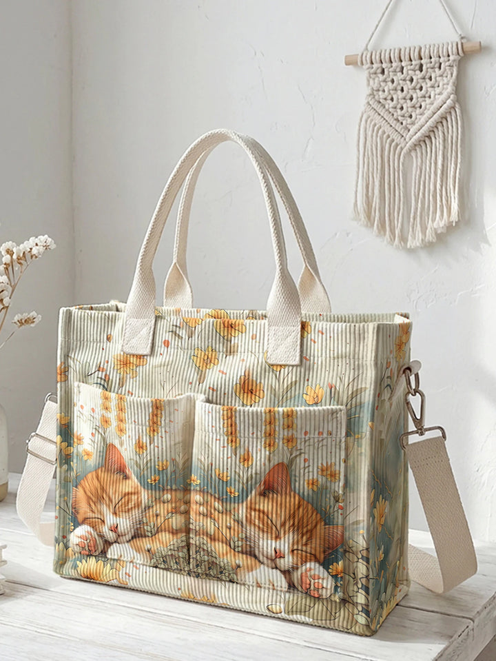 Sac à main en velours côtelé avec impression de fleurs de chat orange endormi, grand sac à bandoulière avec plusieurs poches
