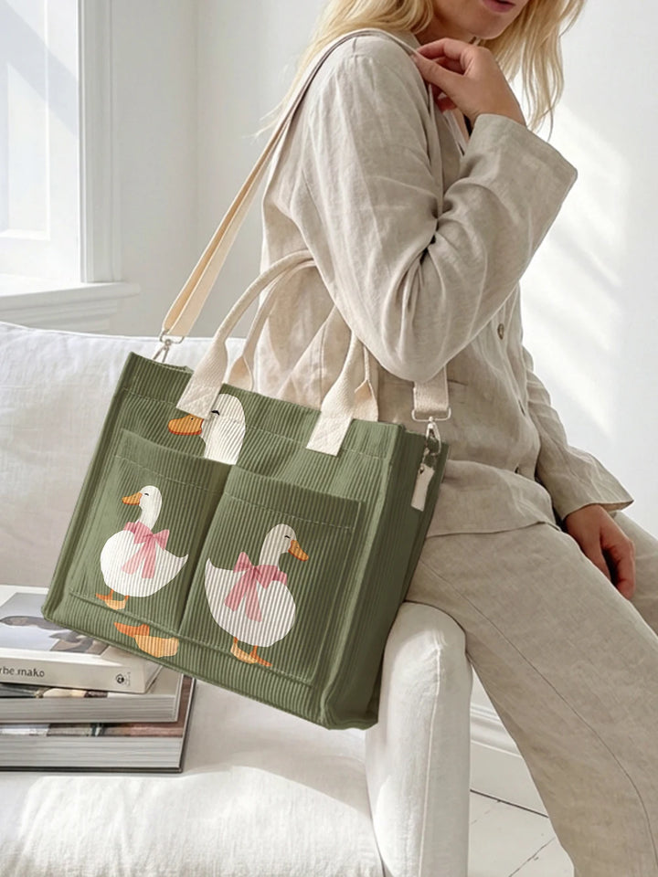 Sac à dos en velours côtelé vert avec imprimé canard, grande capacité et plusieurs poches pour les trajets domicile-travail