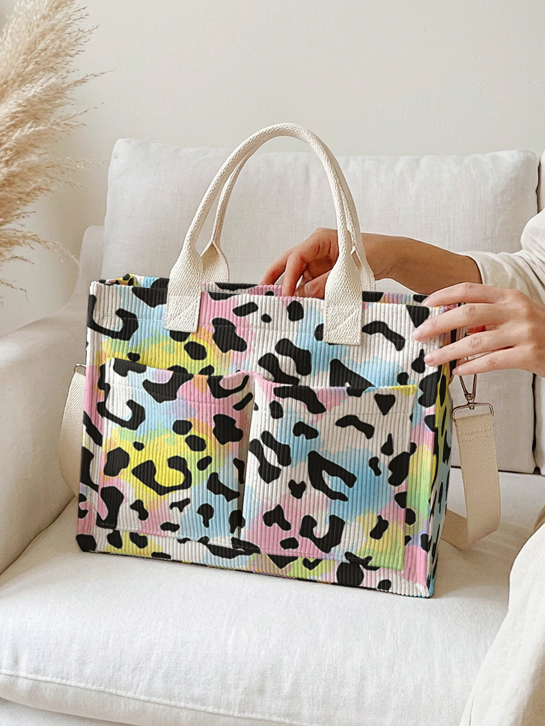Sac en corduroy à imprimé léopard en couleurs pastel avec grande capacité et plusieurs poches, adapté aux trajets domicile-travail