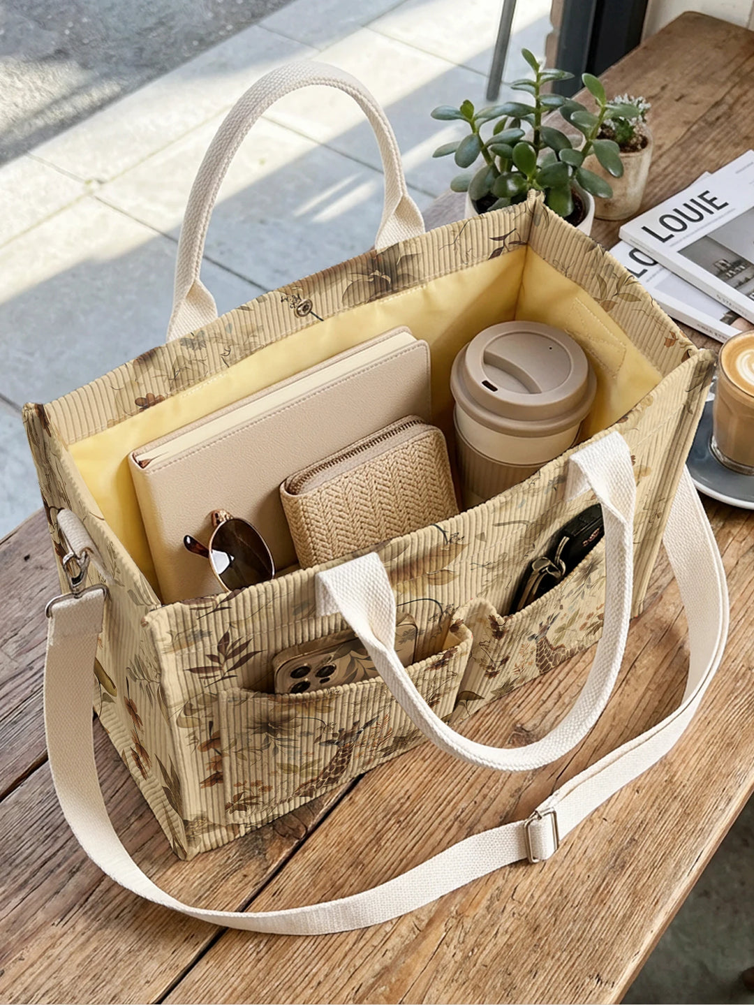 Sac en velours côtelé avec imprimé vintage de girafes et de fleurs botaniques, grande capacité et plusieurs poches pour les trajets domicile-travail