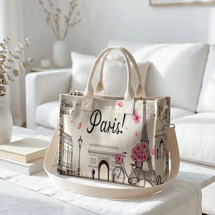 Sac fourre-tout en velours côtelé imprimé floral de paysage parisien Grande capacité Multi Poche Sac à bandoulière amovible