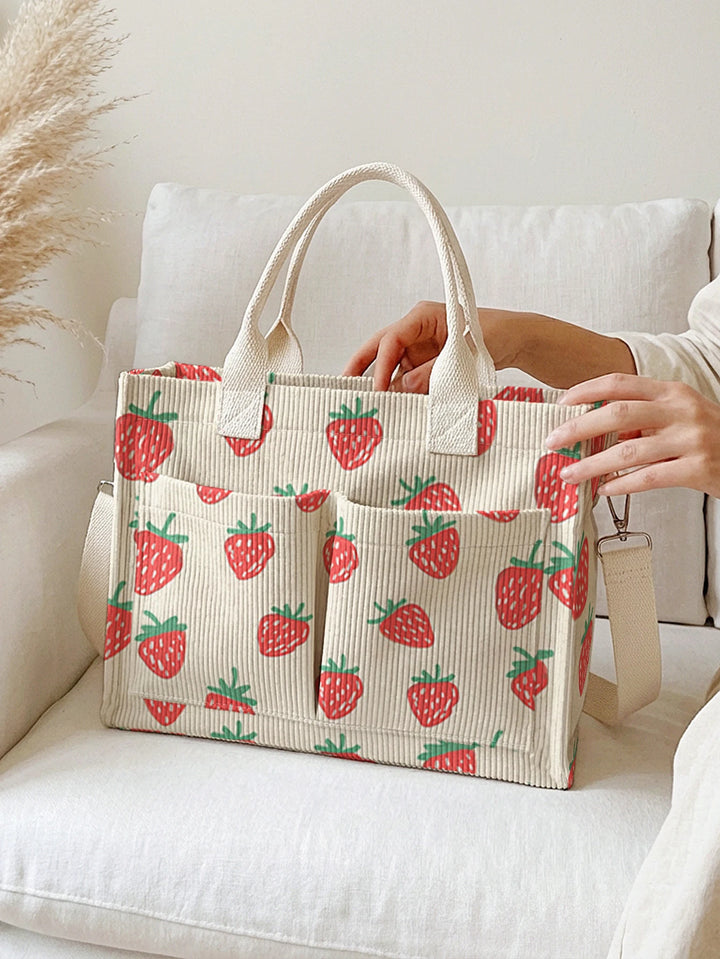 Sac en velours côtelé amusant avec imprimé fraises, grande capacité, plusieurs poches, pour les amateurs de fruits, sac à bandoulière pour le travail et les loisirs