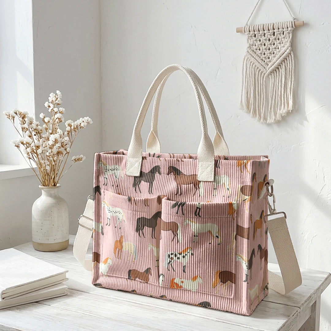 Sac en velours côtelé avec imprimé de chevaux, grande capacité, plusieurs poches, sac à bandoulière pour cavaliers et navetteurs