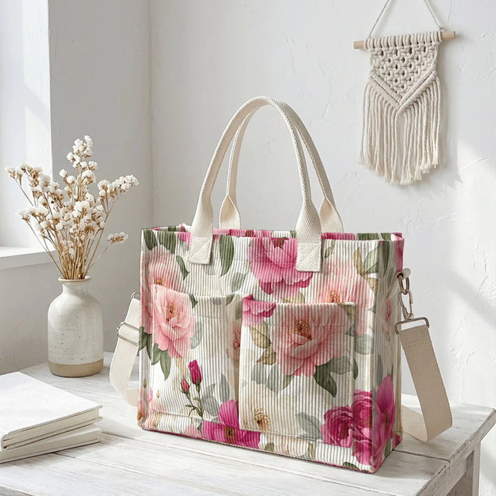 Sac fourre-tout en velours côtelé imprimé fleurs Pioenroos Grande capacité Multi Poche Bandoulière amovible