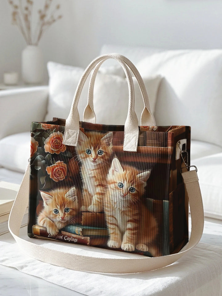 Sac à bandoulière en velours côtelé à imprimé rose et chat tabby orange 3D, grande capacité, multi-poches, pour les amoureux des chats