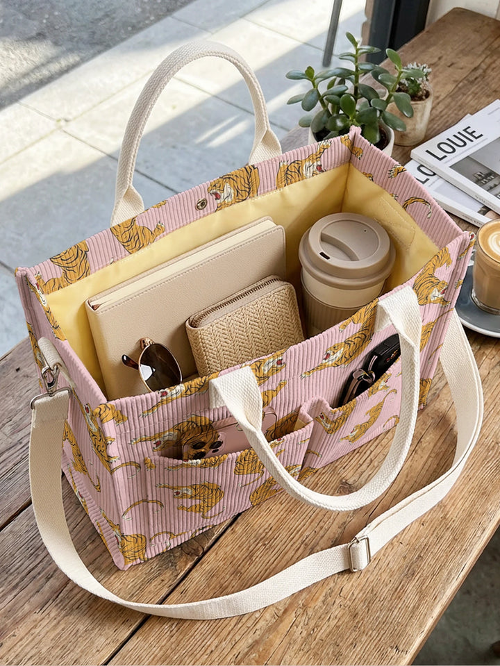 Sac à main en velours côtelé rose avec imprimé tigre, grande capacité, plusieurs poches, amoureux des animaux, sac à bandoulière pour le travail