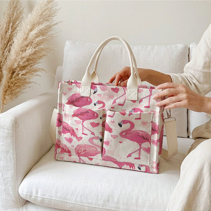 Sac à main en velours côtelé imprimé Flamant Rose & Cœur Grande capacité Multi Poche sac bandoulière amovible