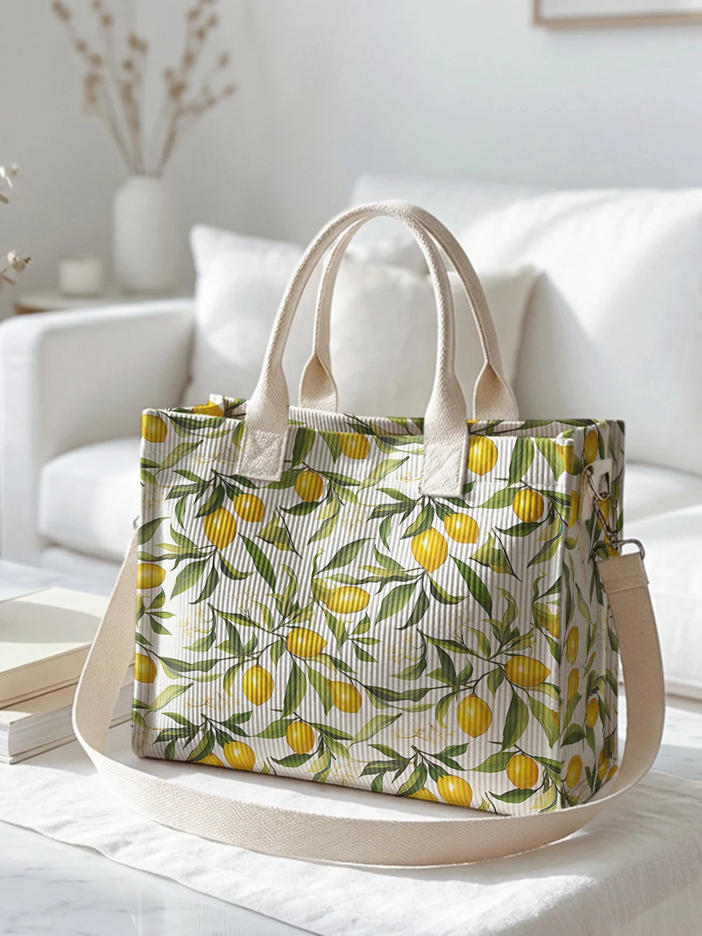 Sac en velours côtelé avec imprimé citron et feuilles, grande capacité, sac à bandoulière avec plusieurs poches