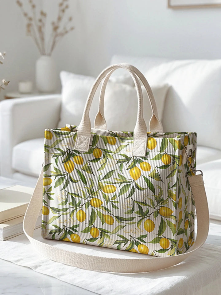 Sac en velours côtelé avec imprimé citron et feuilles, grande capacité, sac à bandoulière avec plusieurs poches