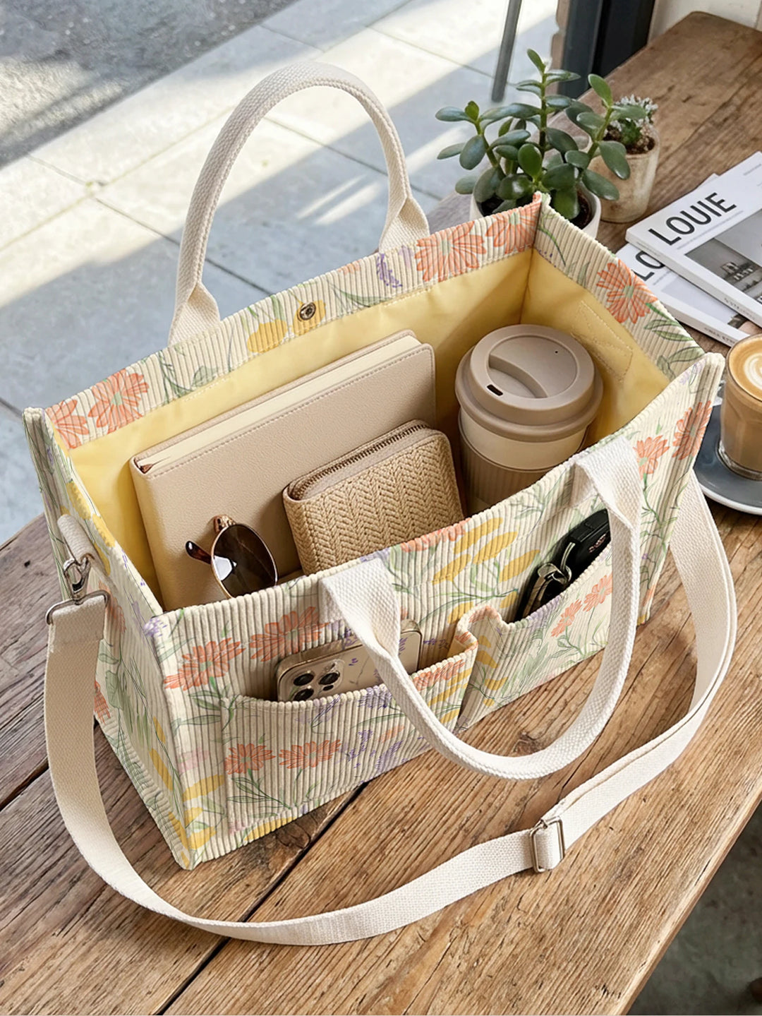 Sac fourre-tout en velours côtelé imprimé de marguerite sauvage Lavande Grande capacité Sac à bandoulière de commutateur avec plusieurs poches