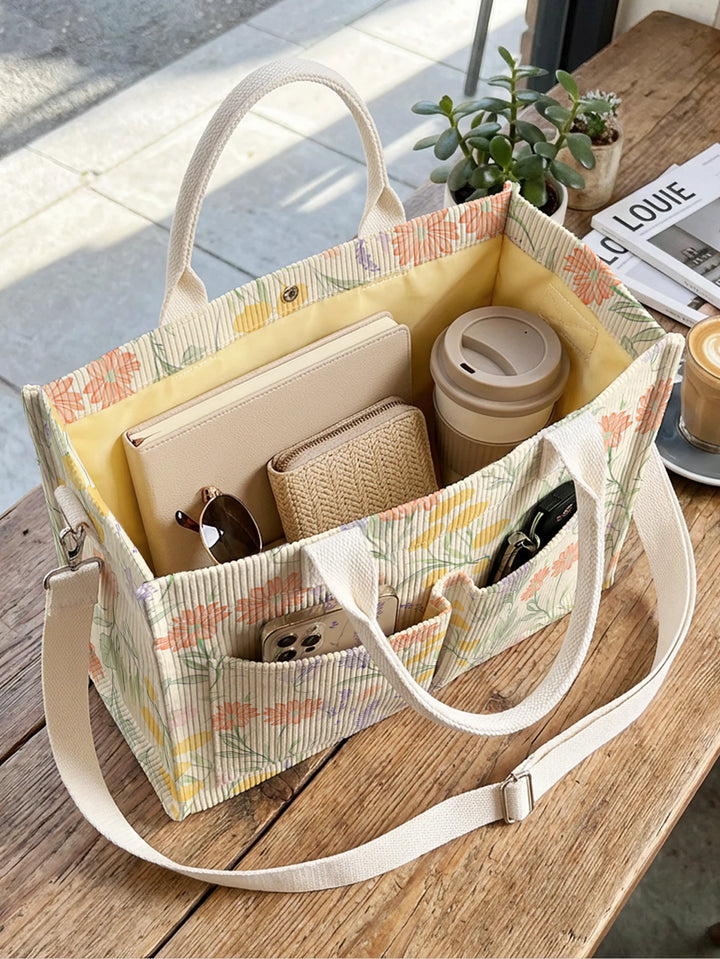 Sac fourre-tout en velours côtelé imprimé de marguerite sauvage Lavande Grande capacité Sac à bandoulière de commutateur avec plusieurs poches