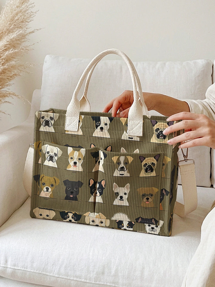 Impression de races de chiens en cartoon sac en corduroy grande capacité multi-poches pour les amoureux des chiens sac à épaule