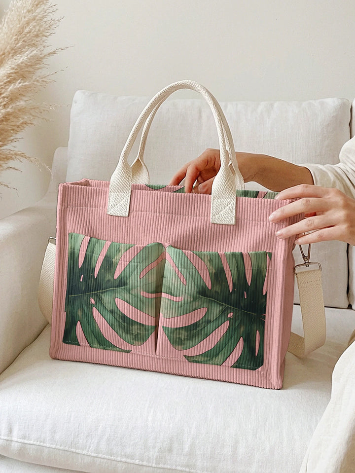 Sac à bandoulière en velours côtelé avec impression de feuille de Monstera tropicale Grande capacité sac à main avec plusieurs poches