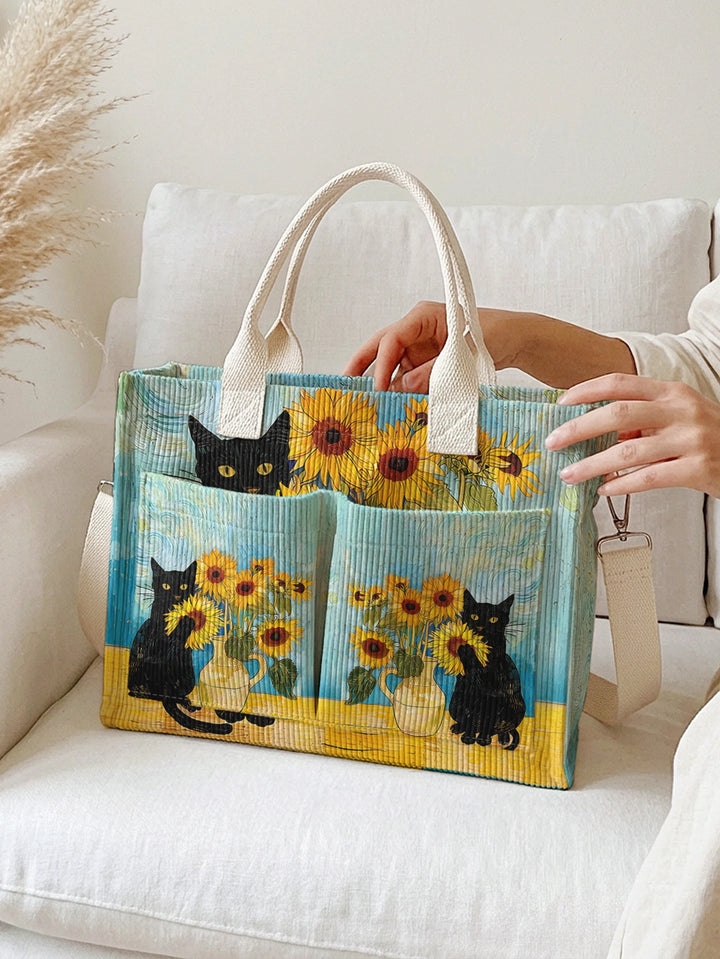 Impression Art Van Gogh Tournesol & Chat Noir Sac Tote en Corduroy Grande Capacité Multi Poche Amoureux des Chats Sac à Bandoulière
