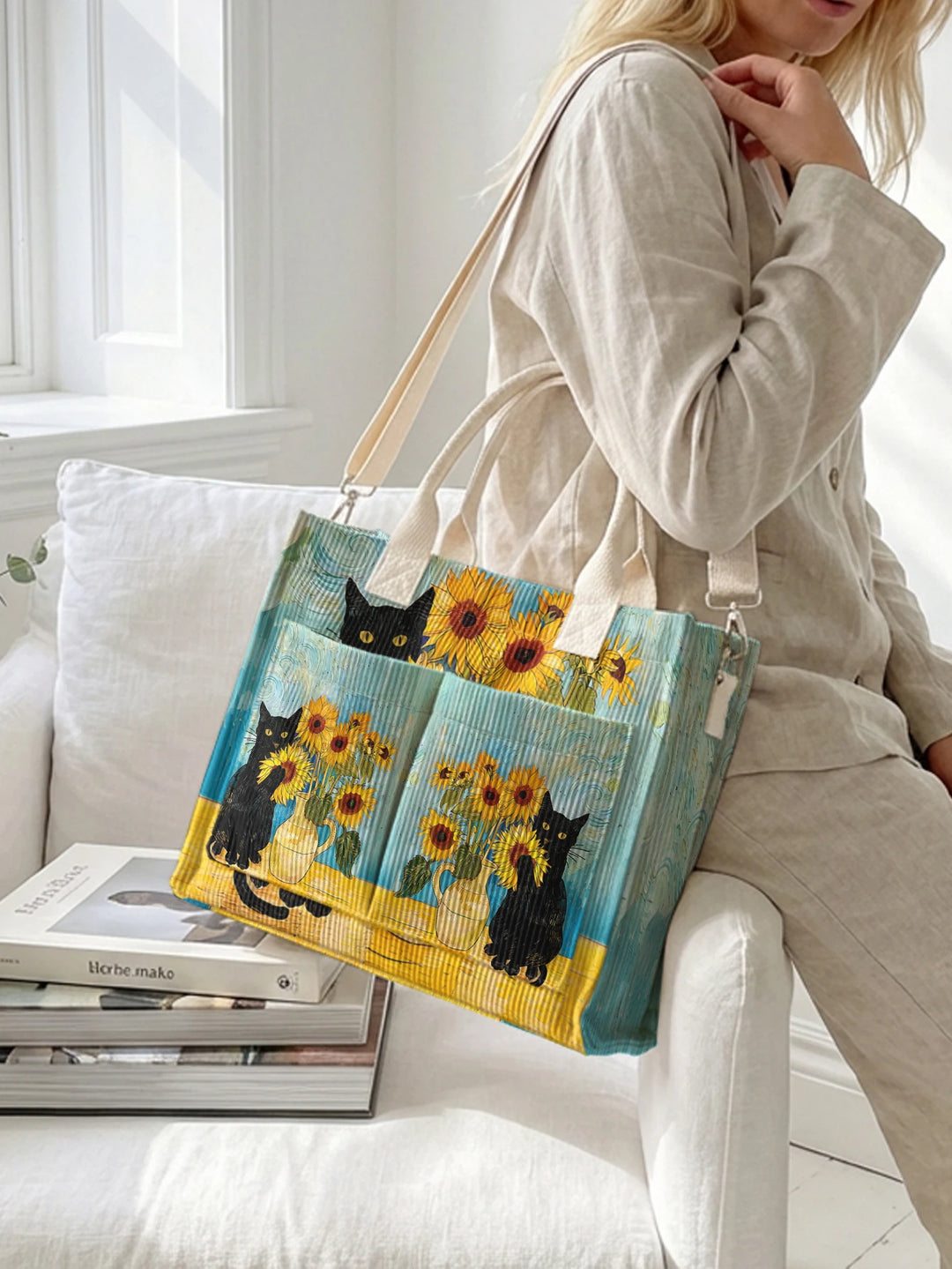 Impression Art Van Gogh Tournesol & Chat Noir Sac Tote en Corduroy Grande Capacité Multi Poche Amoureux des Chats Sac à Bandoulière