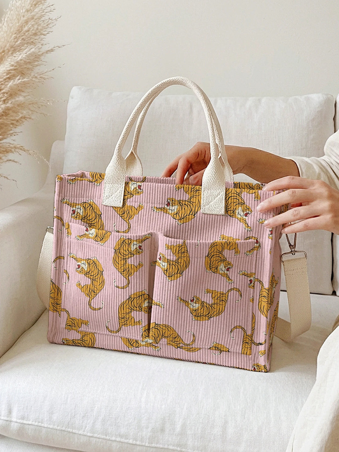 Sac à main en velours côtelé rose avec imprimé tigre, grande capacité, plusieurs poches, amoureux des animaux, sac à bandoulière pour le travail