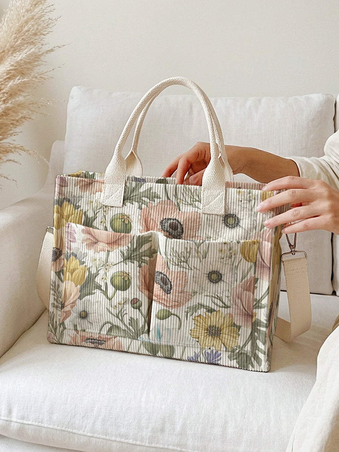 Sac à bandoulière en velours côtelé avec impression de fleurs d'anémone aquarelle vintage, grande capacité, multi-poches, pour les amoureux de la nature, sac de transport