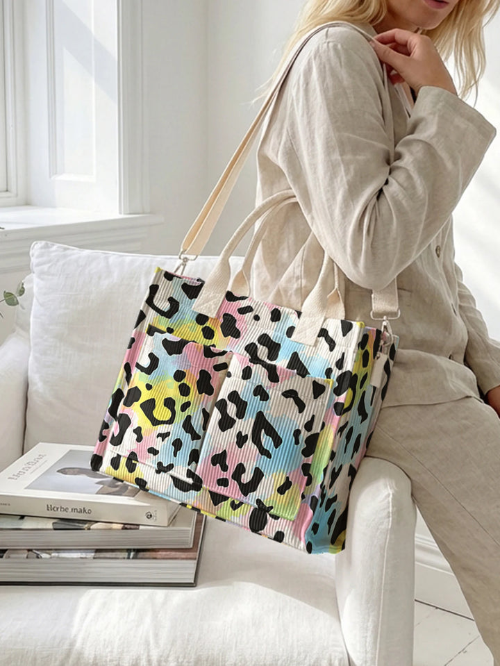 Sac en corduroy à imprimé léopard en couleurs pastel avec grande capacité et plusieurs poches, adapté aux trajets domicile-travail