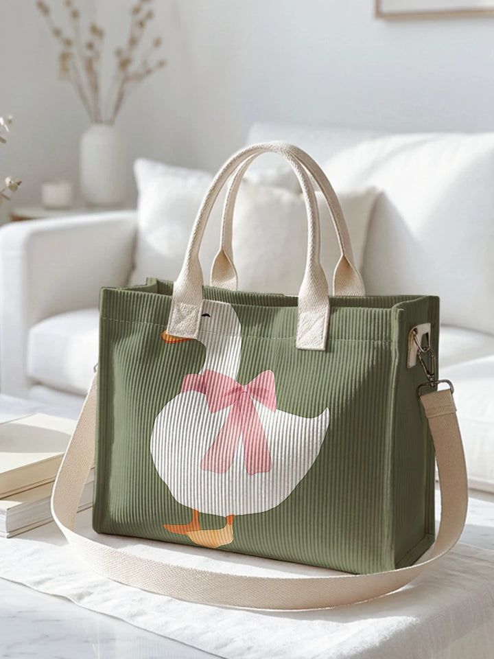 Sac à dos en velours côtelé vert avec imprimé canard, grande capacité et plusieurs poches pour les trajets domicile-travail