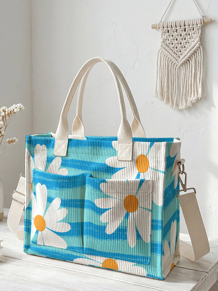 Sac en velours côtelé rayé bleu avec imprimé marguerites, grande capacité, plusieurs poches, sac à bandoulière pour les amoureux des fleurs