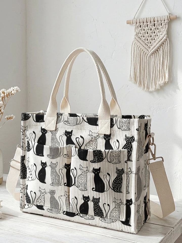 Impression collage de chats noir et blanc sac en corduroy grande capacité multi-poches sac à bandoulière pour amoureux des chats