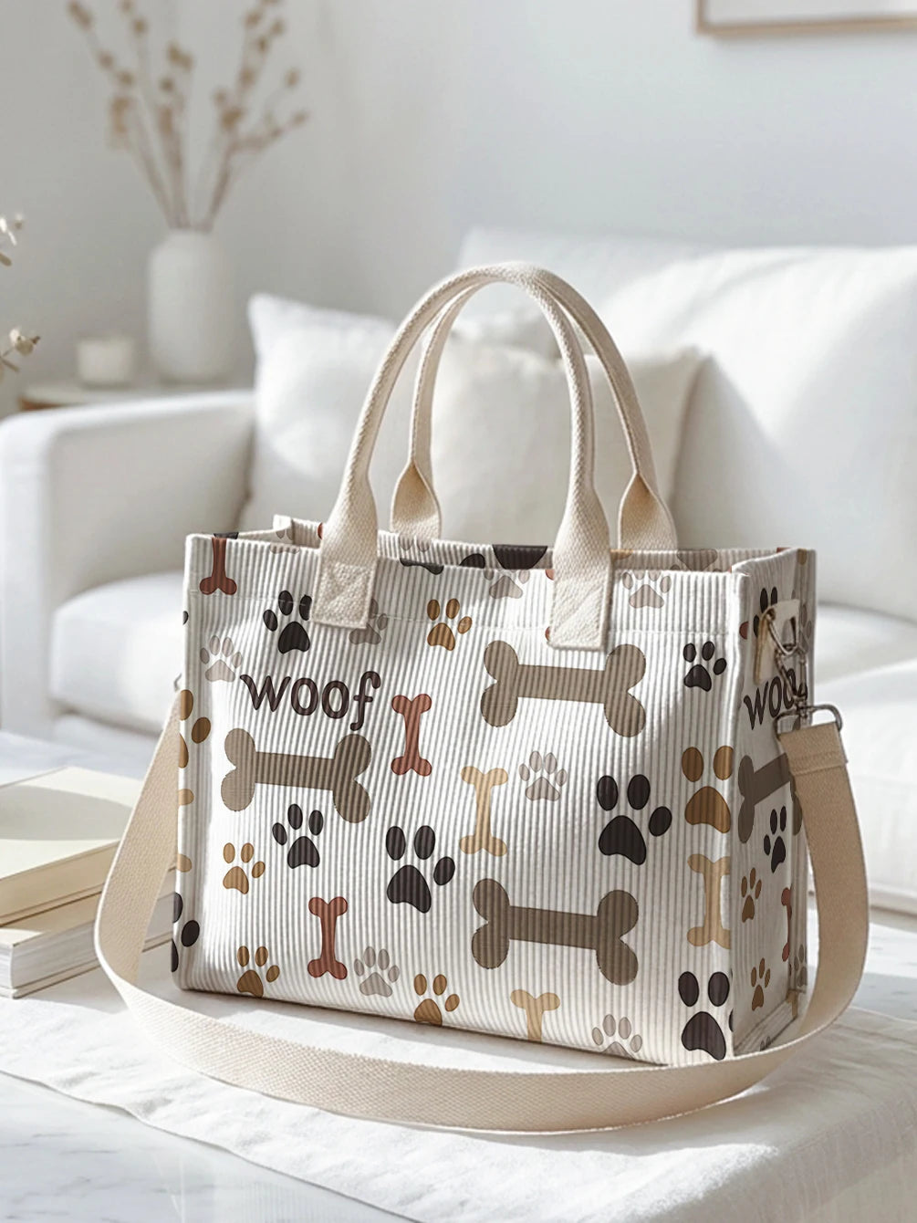Sac en velours côtelé beige avec imprimé pattes de chien et os, grande capacité, plusieurs poches, sac à bandoulière pour le travail