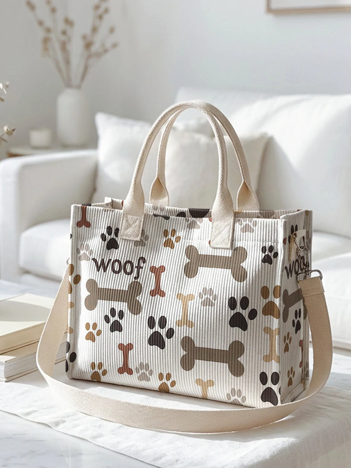 Sac en velours côtelé beige avec imprimé pattes de chien et os, grande capacité, plusieurs poches, sac à bandoulière pour le travail