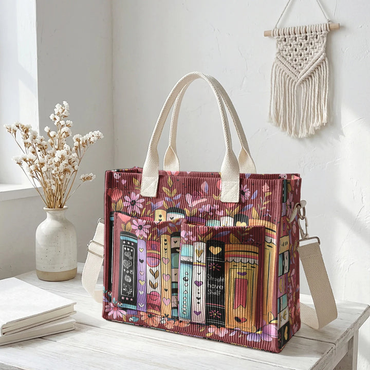 Sac à bandoulière en velours côtelé avec impression de livres et de fleurs, grande capacité, sac à main avec plusieurs poches