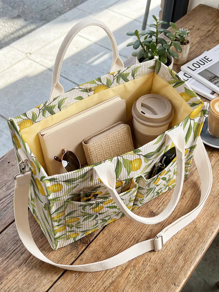 Sac en velours côtelé avec imprimé citron et feuilles, grande capacité, sac à bandoulière avec plusieurs poches