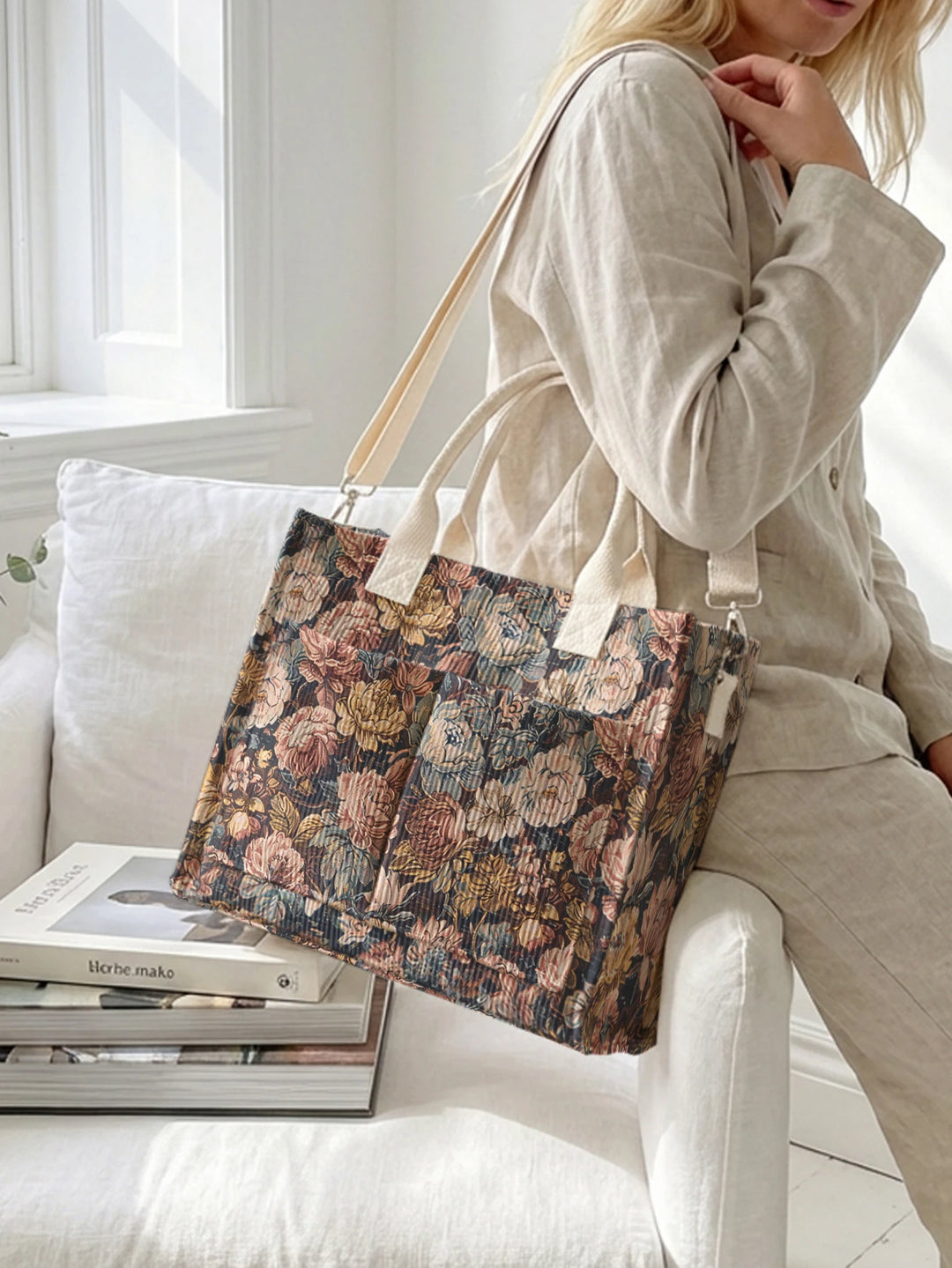 Sac en velours côtelé vintage avec imprimé floral, grande capacité, sac à bandoulière avec plusieurs poches