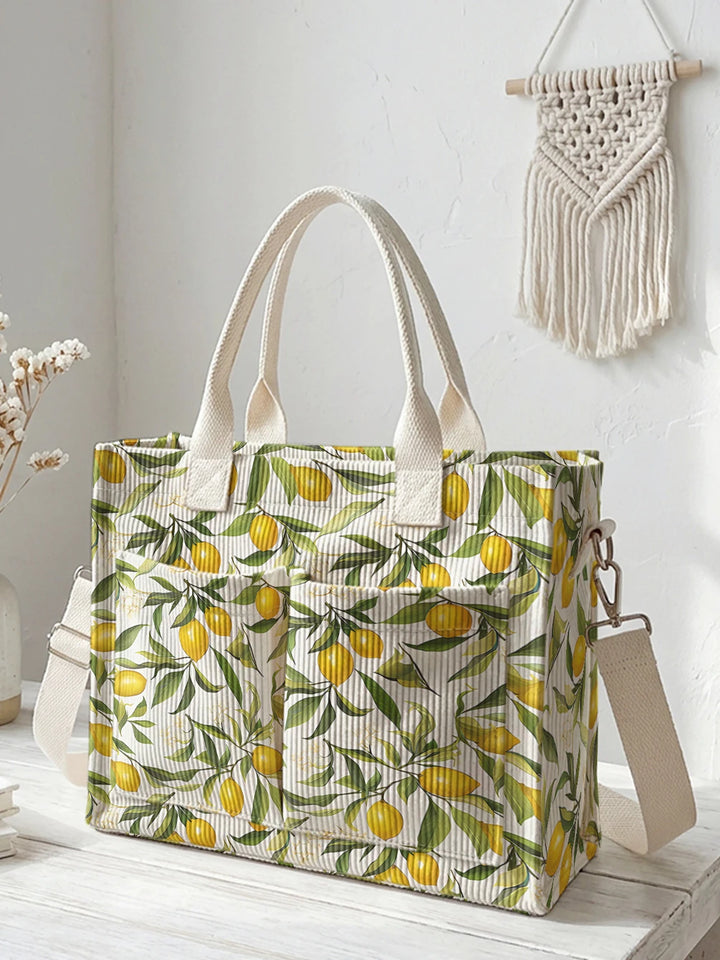 Sac en velours côtelé avec imprimé citron et feuilles, grande capacité, sac à bandoulière avec plusieurs poches