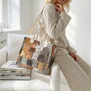 Tote bag en velours côtelé avec impression de chatons empilés, grande capacité, plusieurs poches, sac à bandoulière amovible