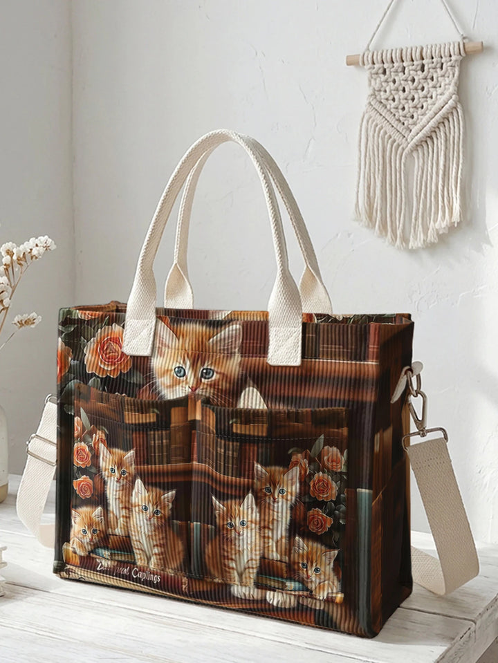 Sac à bandoulière en velours côtelé à imprimé rose et chat tabby orange 3D, grande capacité, multi-poches, pour les amoureux des chats
