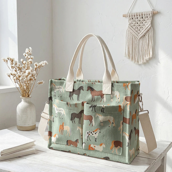 Sac en velours côtelé avec imprimé de chevaux, grande capacité, plusieurs poches, sac à bandoulière pour cavaliers et navetteurs