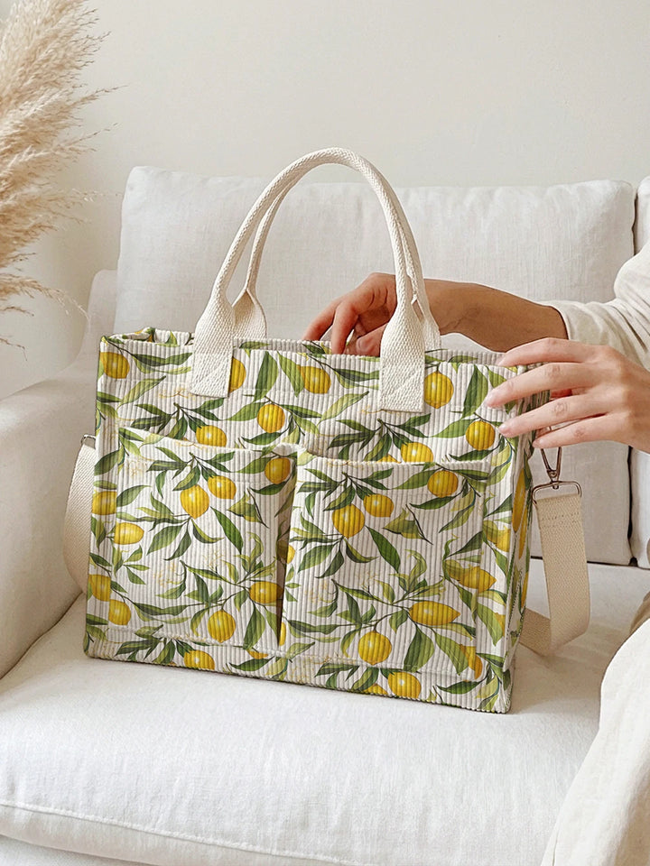 Sac en velours côtelé avec imprimé citron et feuilles, grande capacité, sac à bandoulière avec plusieurs poches