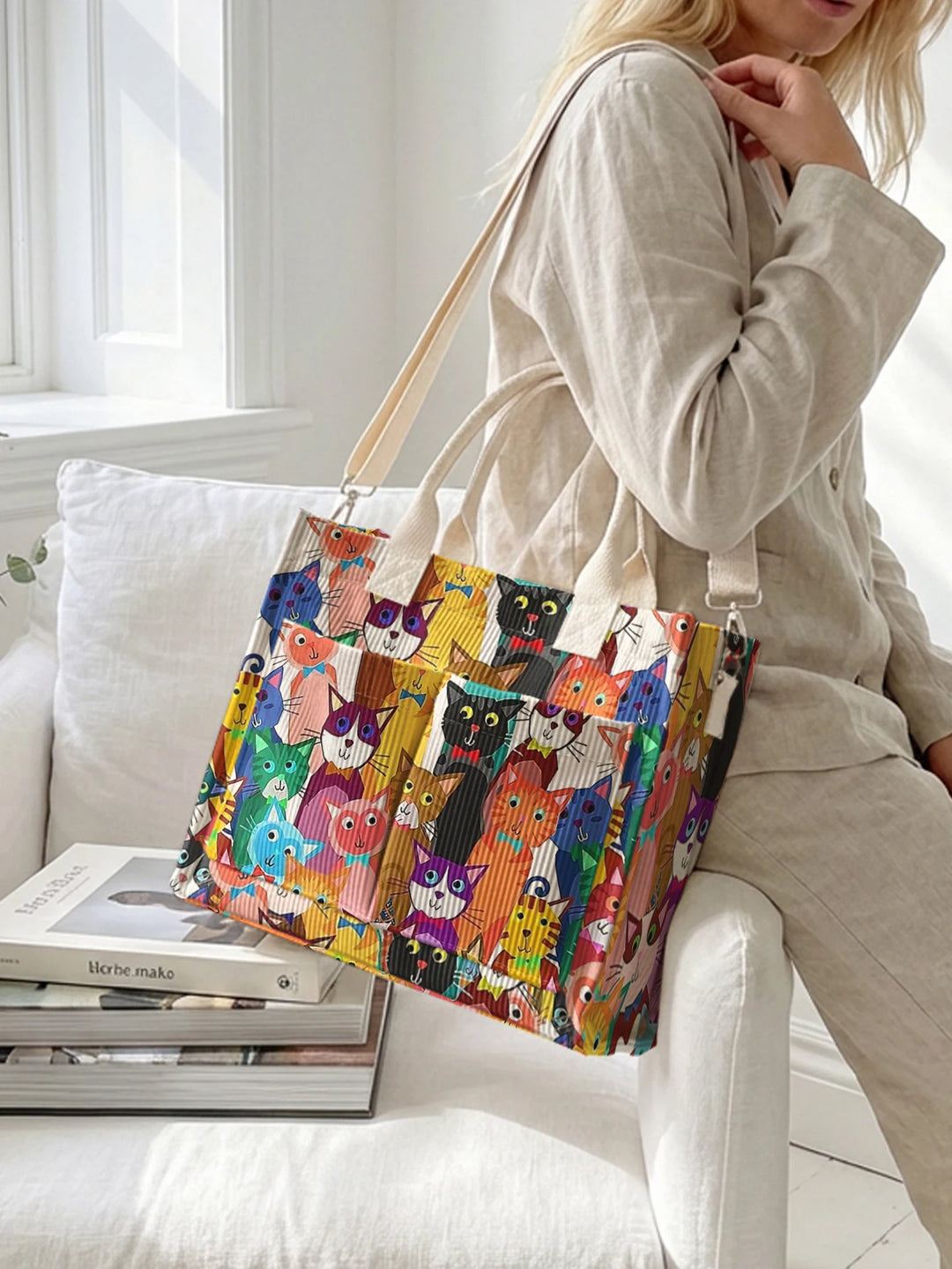 Sac à bandoulière en velours côtelé avec impression de chats colorés, grande capacité, multi-poches pour les amoureux des chats