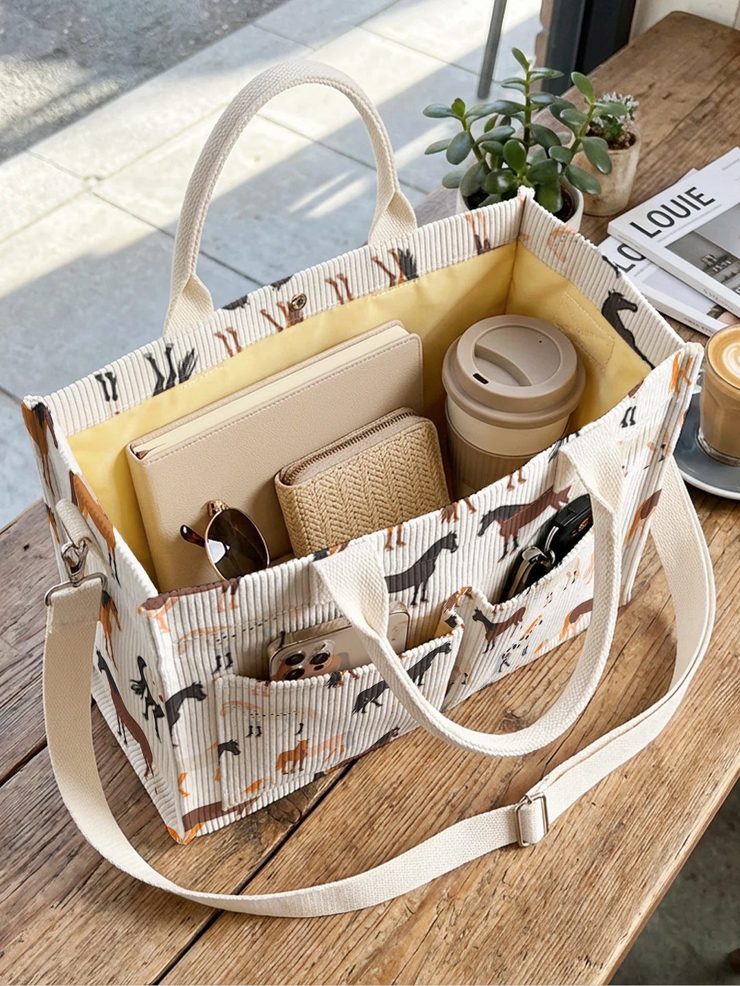 Sac en velours côtelé avec imprimé de chevaux, grande capacité, plusieurs poches, sac à bandoulière pour cavaliers et navetteurs