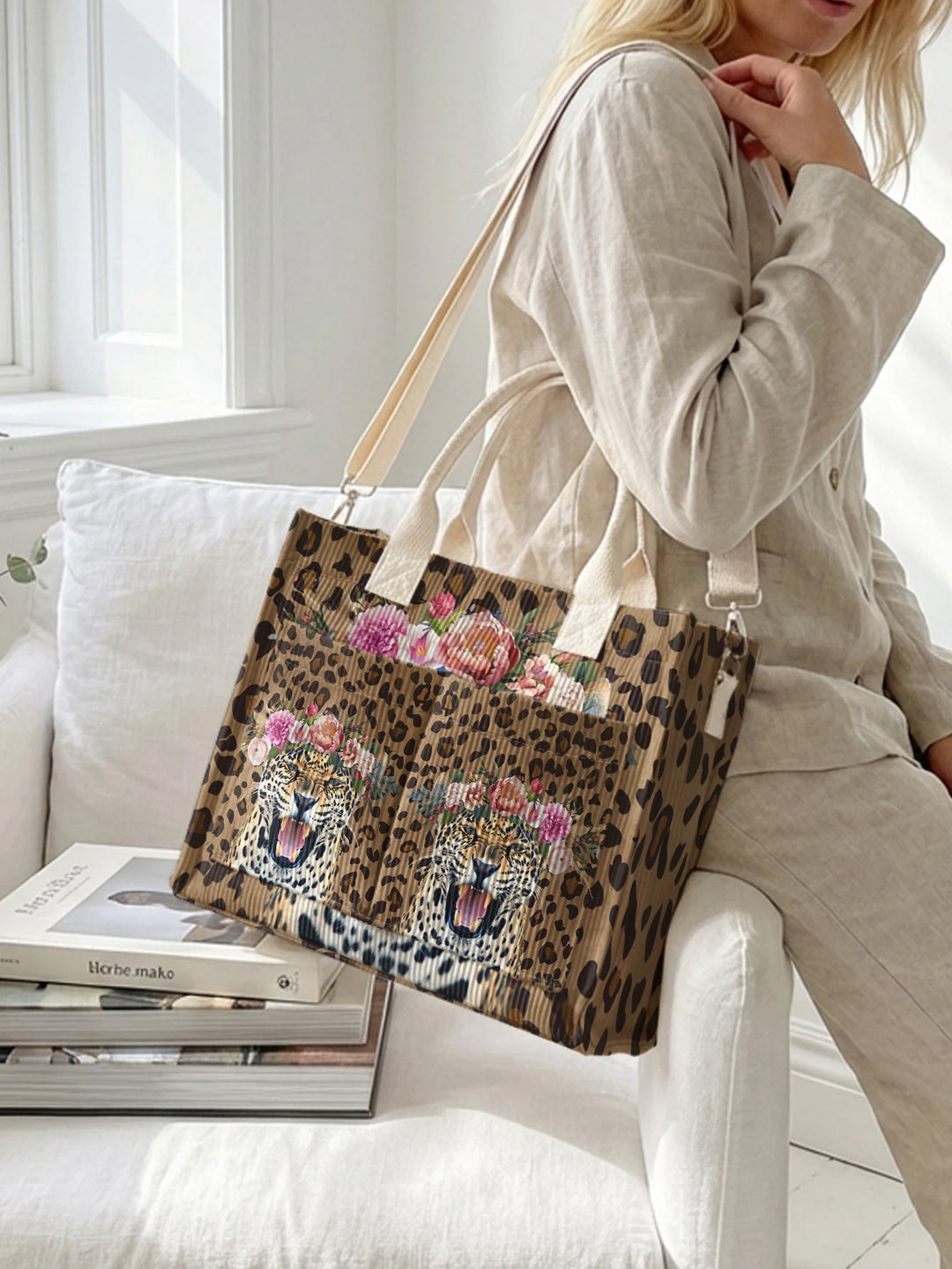 Sac en velours côtelé avec imprimé léopard fleuri, grande capacité, sac à bandoulière avec plusieurs poches
