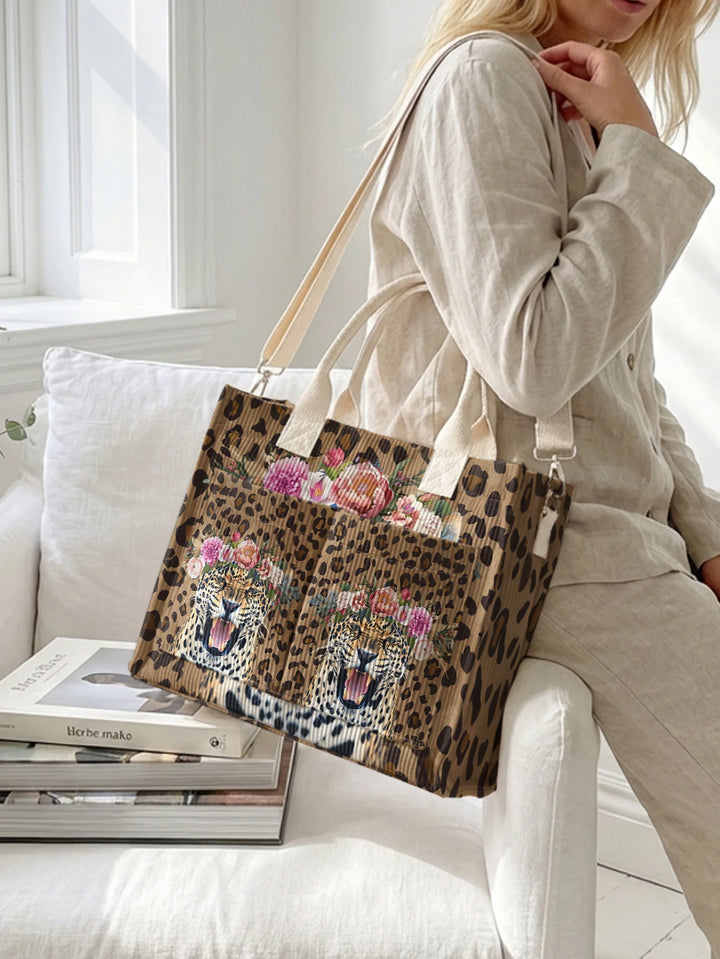 Sac en velours côtelé avec imprimé léopard fleuri, grande capacité, sac à bandoulière avec plusieurs poches