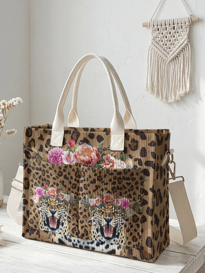Sac en velours côtelé avec imprimé léopard fleuri, grande capacité, sac à bandoulière avec plusieurs poches