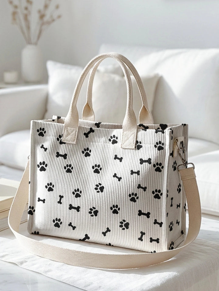 Sac à bandoulière en corduroy avec empreinte de patte de chien et d'os Grande capacité Sac à main multi-poches pour les amoureux des chiens